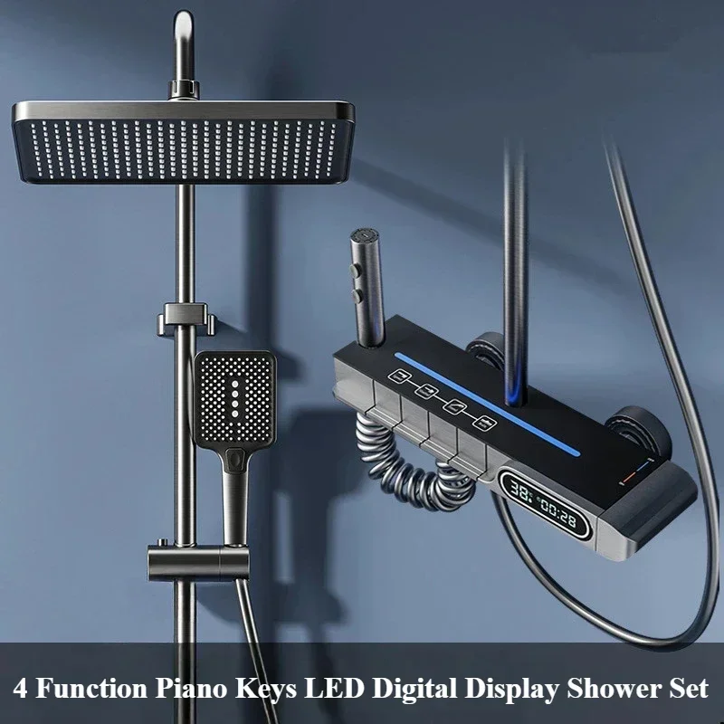 

Bathroom Luxury 4 Function Temperature Display Shower Set Wall Mount Piano Key Rainfall Pressurized Hot Cold Shower Faucet Set