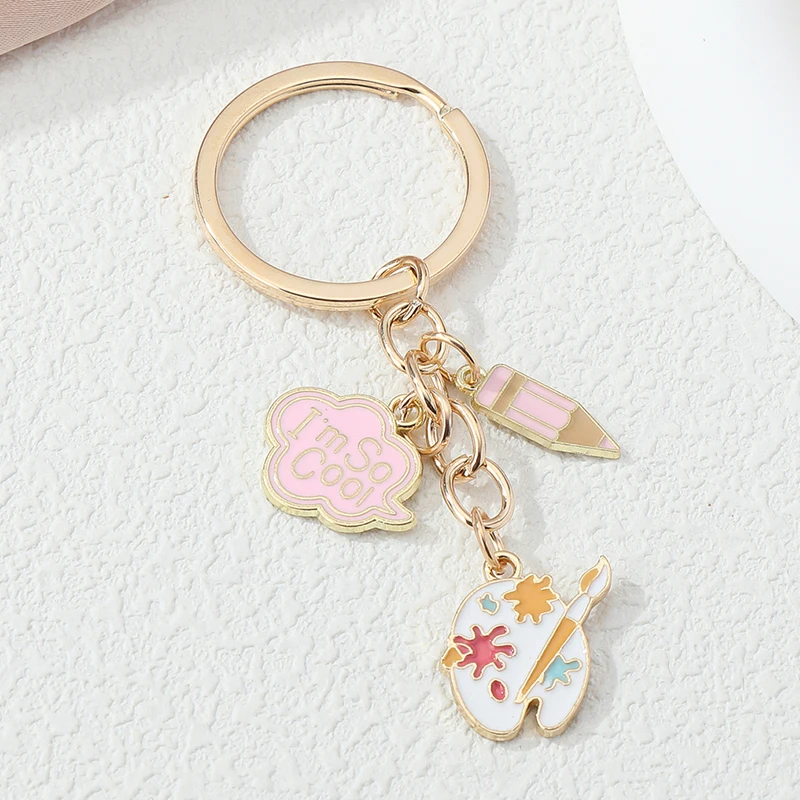 Cute Enamel Keychains Pink Pencil Cloud Drawing Board Key Ring For Women Girls Painter Gift Handbag Decoration Handmade Jewelry