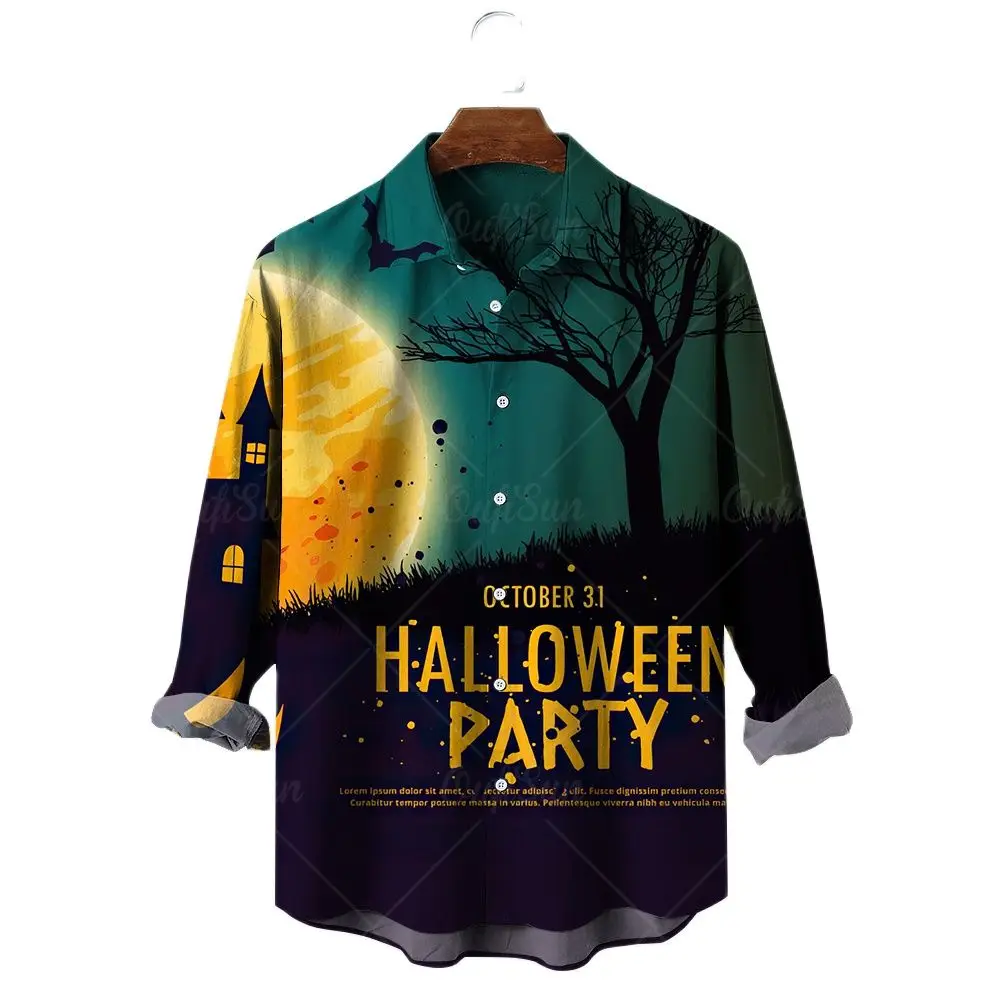 Men's Shirt Halloween Style Printing Fashion Lapel Long-sleeved Shirt  Street Funny Party Dress Up T-shirt Leisure Cardigan Tops