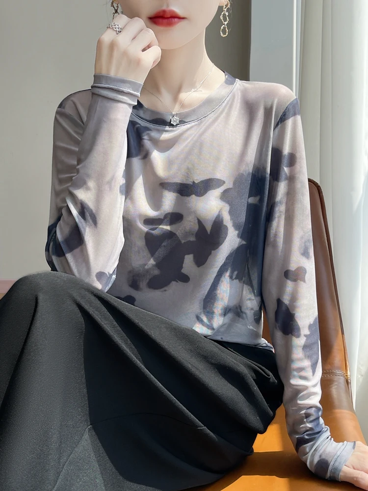 Damska koszulka na wiosnę i lato, długa, lekka warstwa bazowa, artystyczna, swobodna bluzka, wygodna, luźny krój, dzianinowa koszulka.