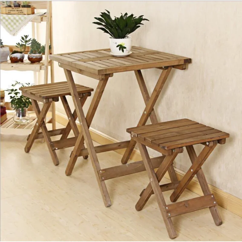 Outdoor portable table chair set solid wood folding table wooden balcony leisure table chair