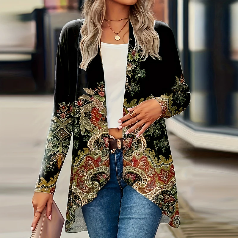 Elegant Cardigan For Women\'s Coats Fashion Women Jacket Turn Down Collar Vintage Print Jackets For Women Casual Loose Thin Tops