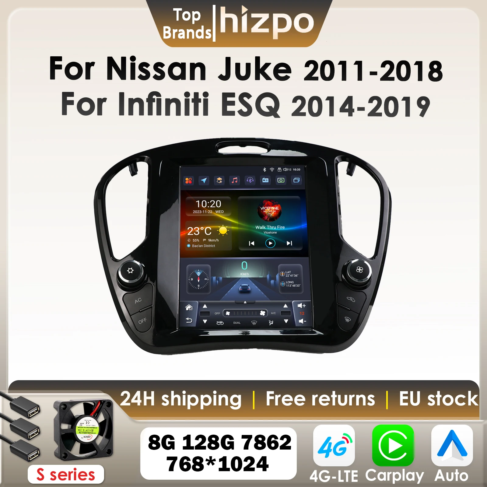 Hizpo 9.7 pouces Carplay Android autoradio intelligente pour Nissan Juke 2011 - 2018 Infiniti ESQ pour Tesla Style GPS 4G BT DSP 7862