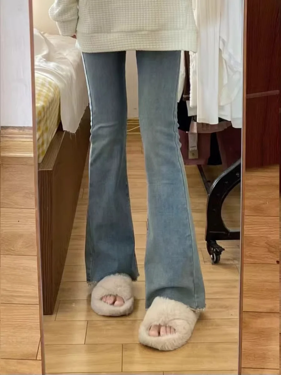 Blue High Waist Flared Jeans Women's Elastic Cotton Denim Light Wash Spring Season Casual Straight Leg Trousers