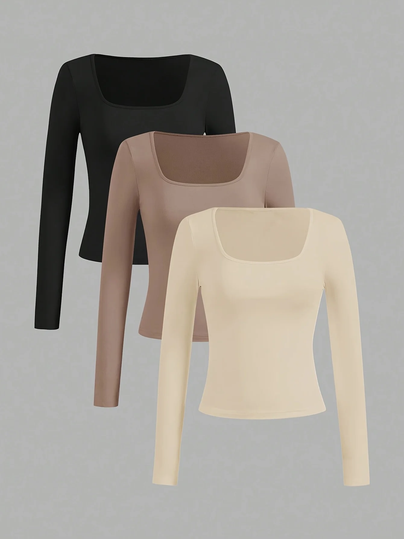 Women's 3-Piece Casual Long Sleeve T-Shirt Set Square Neck Solid Color Comfortable Short Top Ensemble