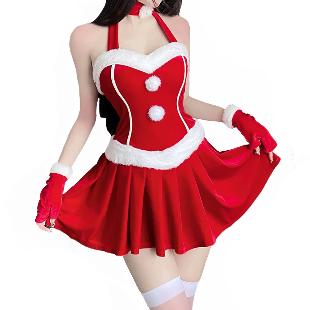 Christmas Outfit Red Velvet Princess Fur Trim Halter Lady Santa Dress Xmas Gifts Women Sexy Party Holiday Elk Cosplay Costume