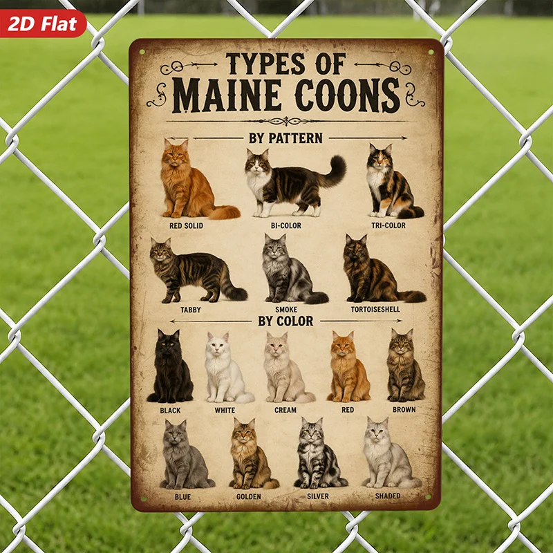 2D Flat, 1pc Metal Sign Wall Art, Types of Maine Coons Home Decor, Cat Patterns, Vintage Style, for Living Room, Office, Safe Ro