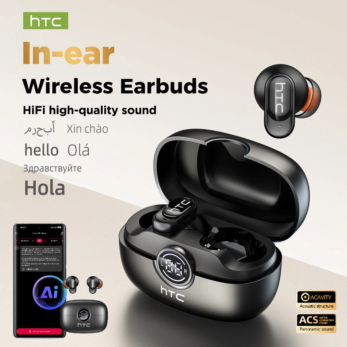 HTC NE79 TWS Bluetooth 6.0 Kopfhörer mit KI-Übersetzer, In-Ear HiFi-Sound-Headset für Sport mit Klarer Anrufqualität und Mikrofon