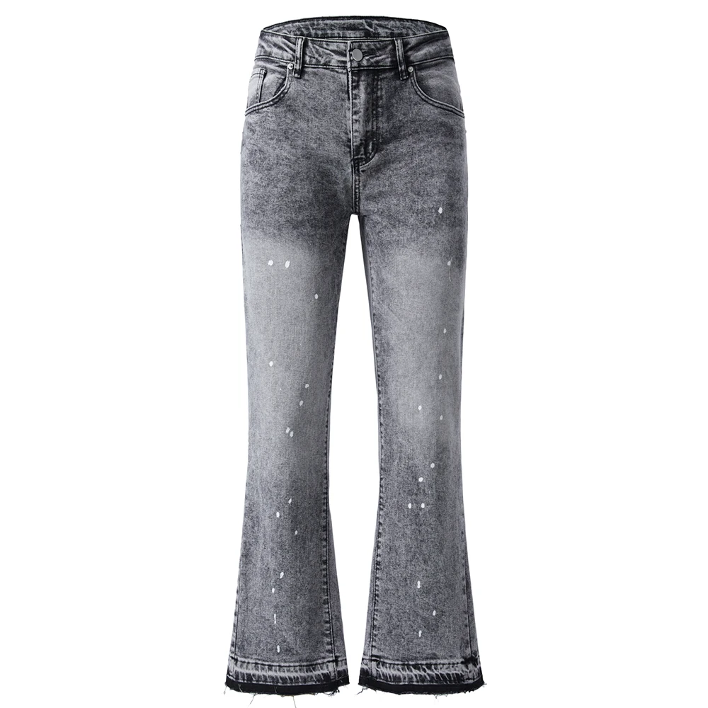 

Men's Painted Flared Jeans Vintage Gray Blue Cotton Spandex Denim Pants Streeywear Released Hem Boot Cut Trousers
