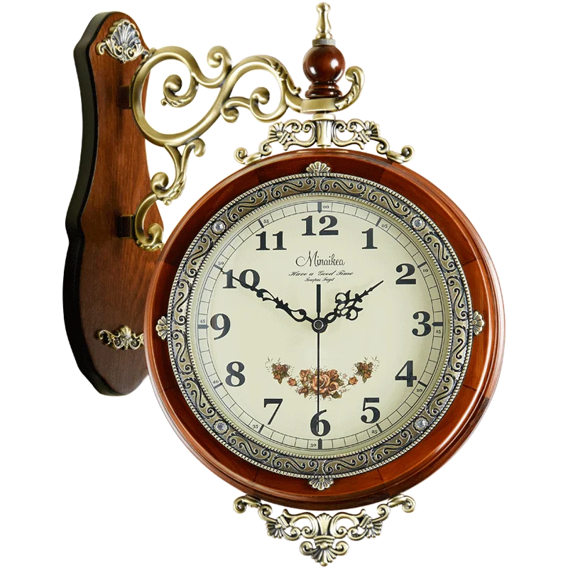 European living room wall clock double-sided fashion solid wood art silent clock household creative personality wall watch