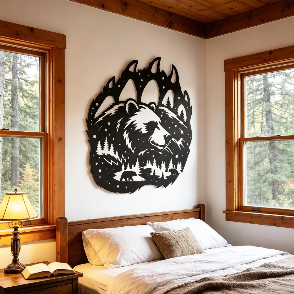 Bear Paw with Forest Scene Metal Wall Art, 2D Flat Laser Cut Wildlife Silhouette Wall Sculpture, Rustic Cottage Core Style