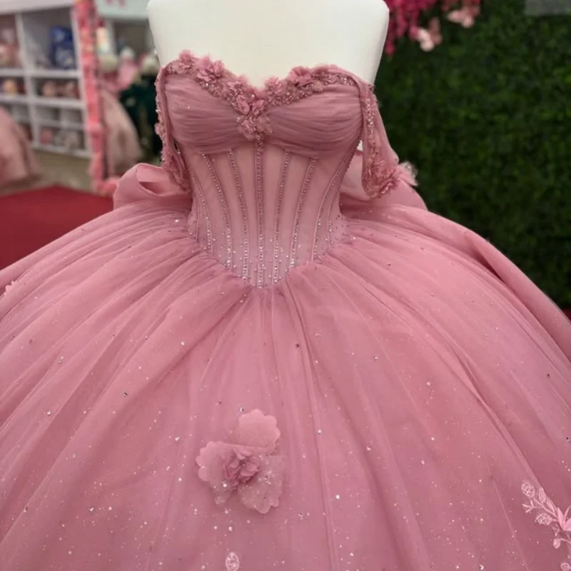 

Customized Shiny Pink Quinceanera Dresses Off the Shoulder sequin crystal decal Lace flower Bow Long tail Vestido 15 Quinceanera