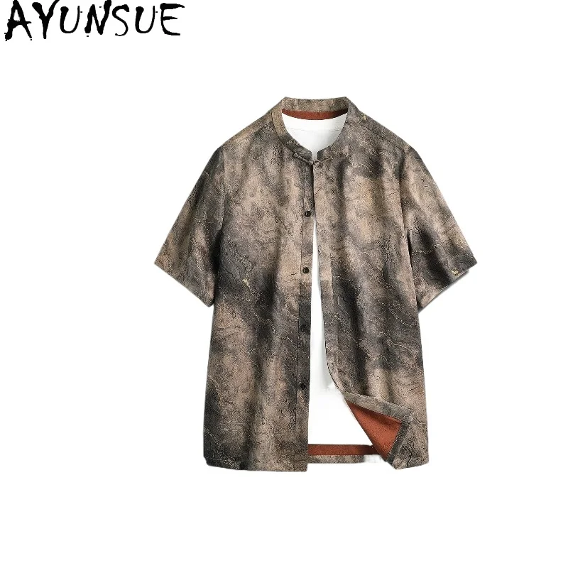 

AYUNSUE High-end 100% Real Mulberry Silk Shirt for Men 2026 Luxury Watered Gauze Summer Top Short Sleeve Shirts Fashion Casual