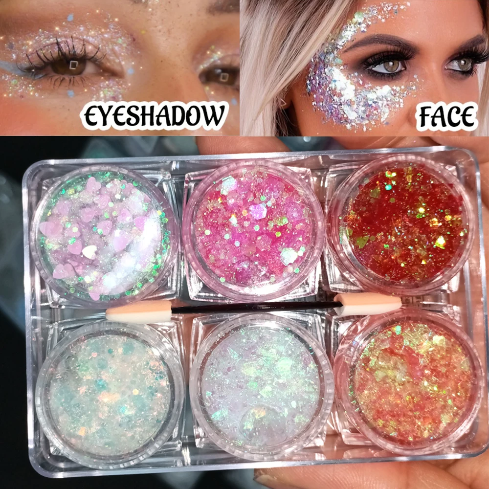 6 Potten/Set Laser Lovertjes Gel Gezicht Body Glitter Oogschaduw Crème Kleurrijke Pailletten Bodycream Podium Nachtclub Halloween Party Make-Up