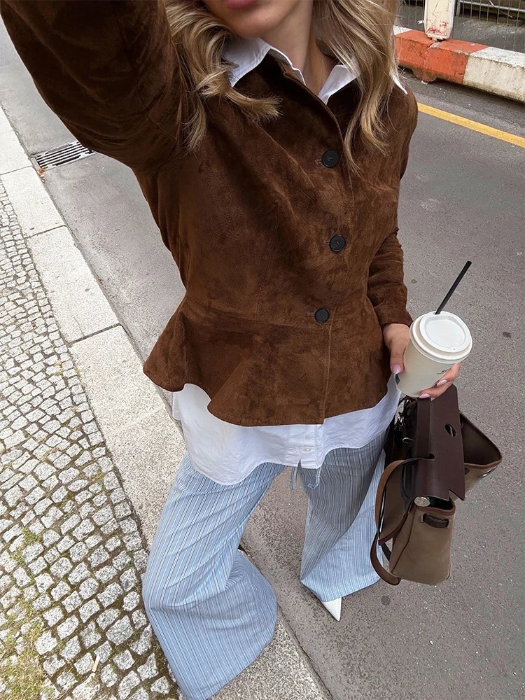 Trendix ブラウン ヴィンテージ スエード ジャケット レディース 2026 春 スリム 長袖 ショート ジャケット ストリート カジュアル ファッション カーディガン アウター