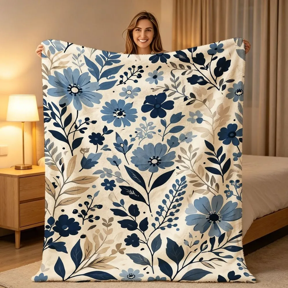 Blue Yellow Floral Blanket for Farmhouse Bedroom Decor, Boho Botanical Throw Blanket for Sofa Couch Living Room Home Accent