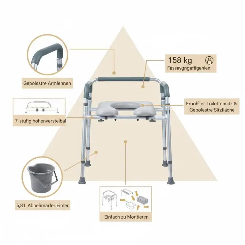 Toilet Bench 22"x17"x31" For Bedroom Hospital Nursing Home, Padded Seat Armrests 7-Level Height Adjustable 5.8L Removable Bucket Easy Assembly 350 LBS Capacity Adult Senior Raised Potty Chair - view 5