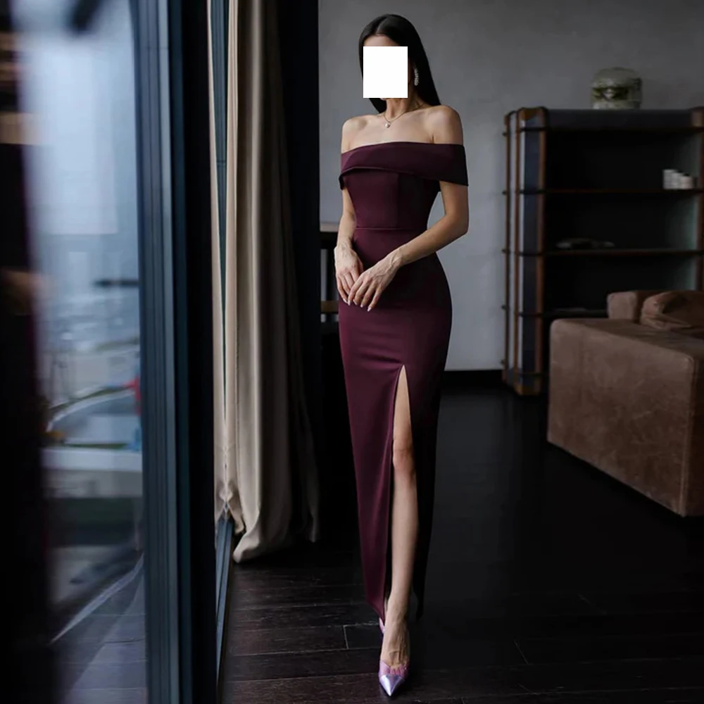 

Sexy Burgundy Sheath Front Slit Evening Dresses Exquisite Jersey Ankle Length Boat Neck Off the Shoulder Sleeveless Prom Gowns