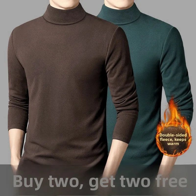 قميص رجالي بأكمام طويلة مبطن بالصوف الدافئ، قميص ضيق للعمل بياقة نصف عالية، طبقة أساسية للخريف والشتاء #5