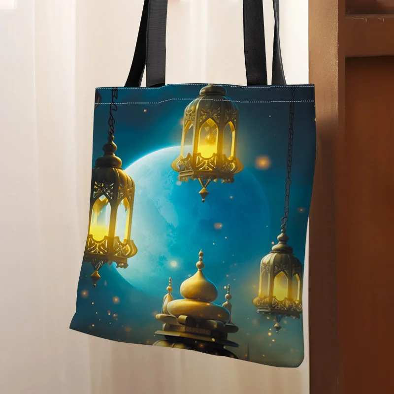 

Ramadan 2D Flat Print Polyester Tote - Golden Lantern & Crescent Design, Durable Hand for Commuting & Shopping
