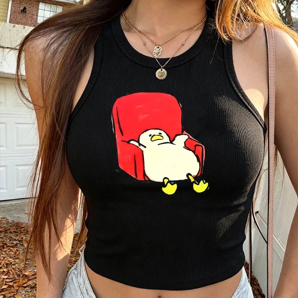 Women Y2K Lazy Duck Cartoon Graphic Ribbed Crop Tank Top Cute Animal Print Cropped Cami Vest Teen Girls Aesthetic Streetwear