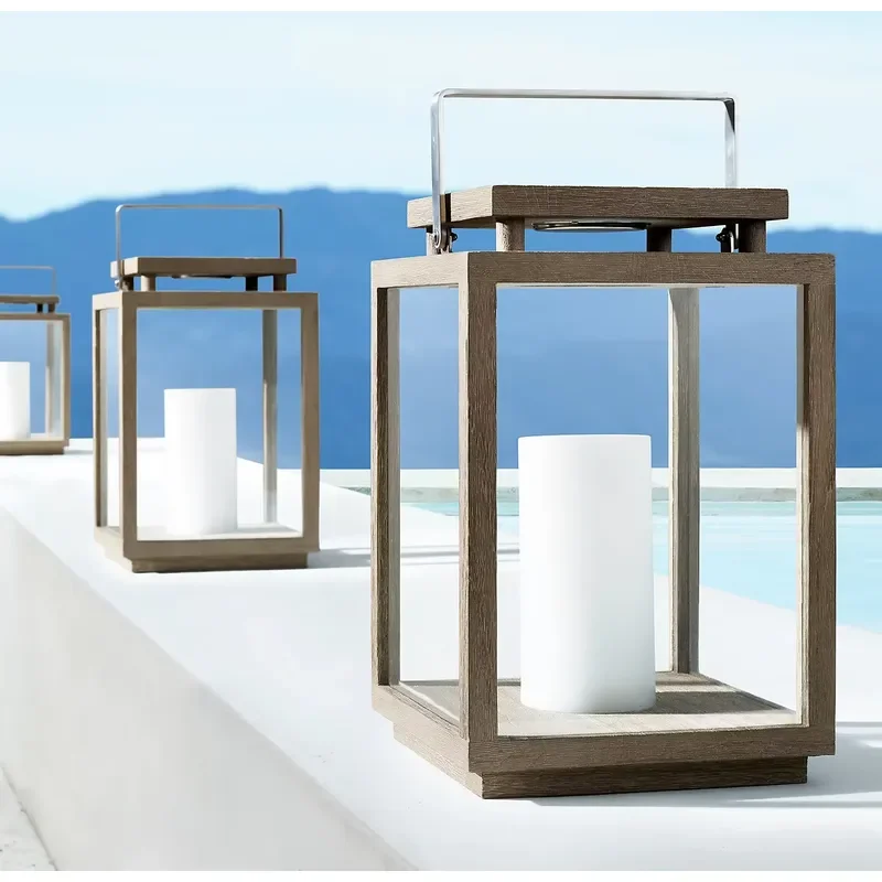 Fashionable Indoor Outdoor Home Decoration Garden Accessory Teak Candle Holder Lantern with Glass