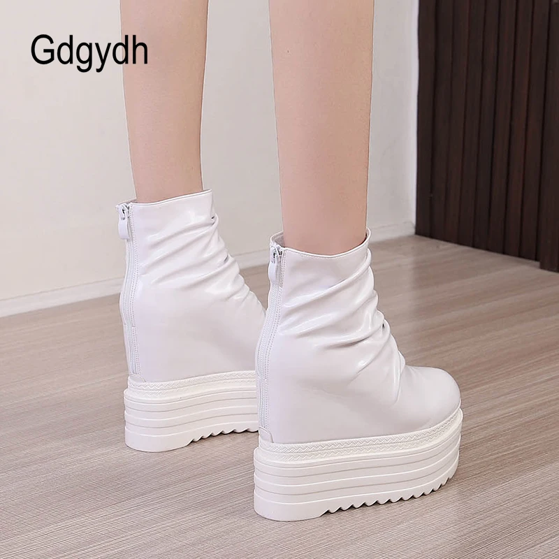 Gdgydh Womens Chelsea Boots Black Creeper Platform Wedge Heel Sponge Cake Muffin Inside Fashion Pleated Short Plush Ankle Boots 