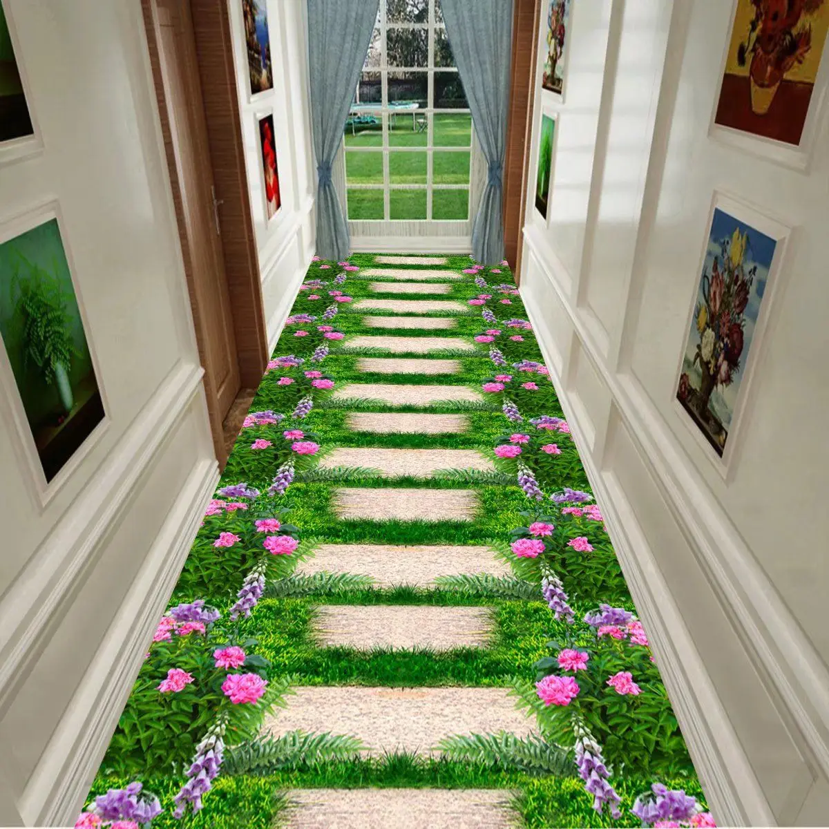 3D Corridor Green Garden Path Long Carpet Living Room Decoration Home Aisle Non-Slip Floor Mats Modern Luxury Entryway Decor Rug