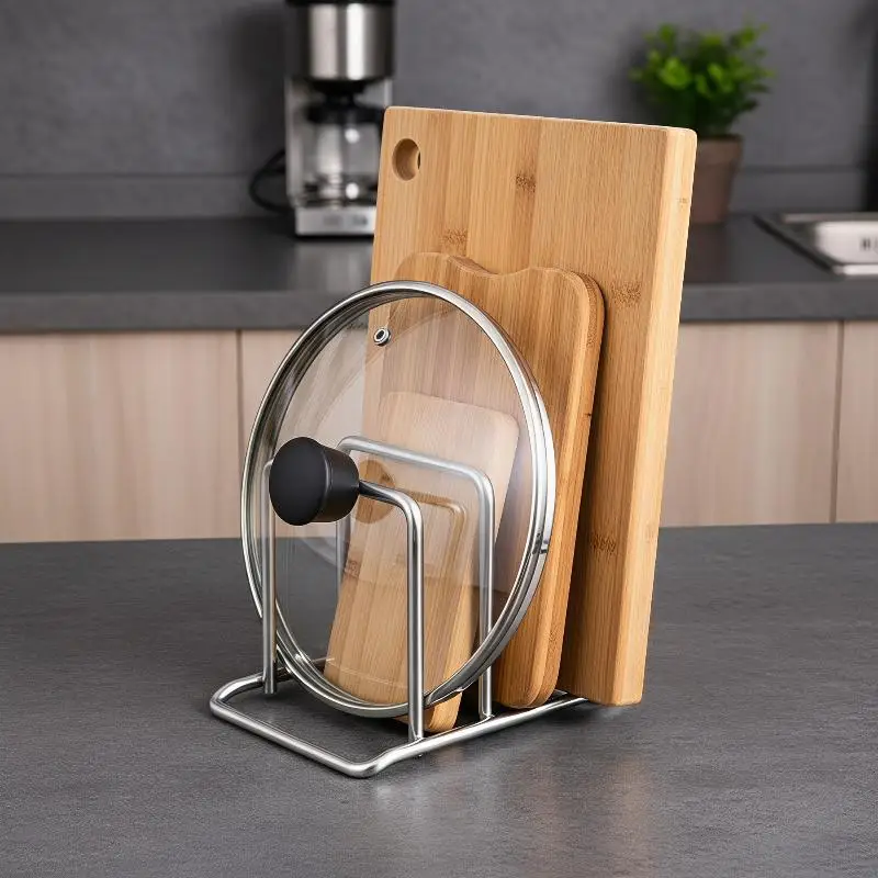 Stainless Steel Kitchen Organizer Rustproof Countertop Stand for Pot Lids Cutting Boards Home Cooking Storage