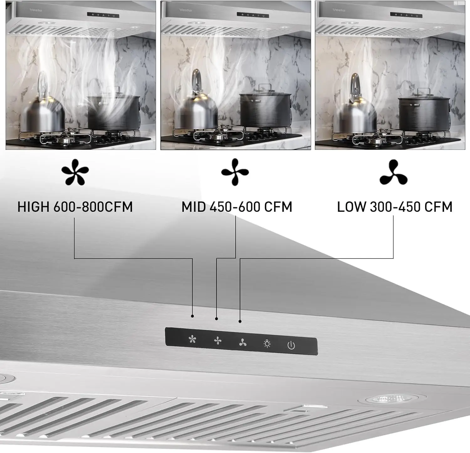 VESTA Milão-Aço Inoxidável de Parede Gama Hood, Luzes LED, Tela de Toque, Rodada Bordas Frontais, 800CFM, Estilo Europeu, 30 polegadas