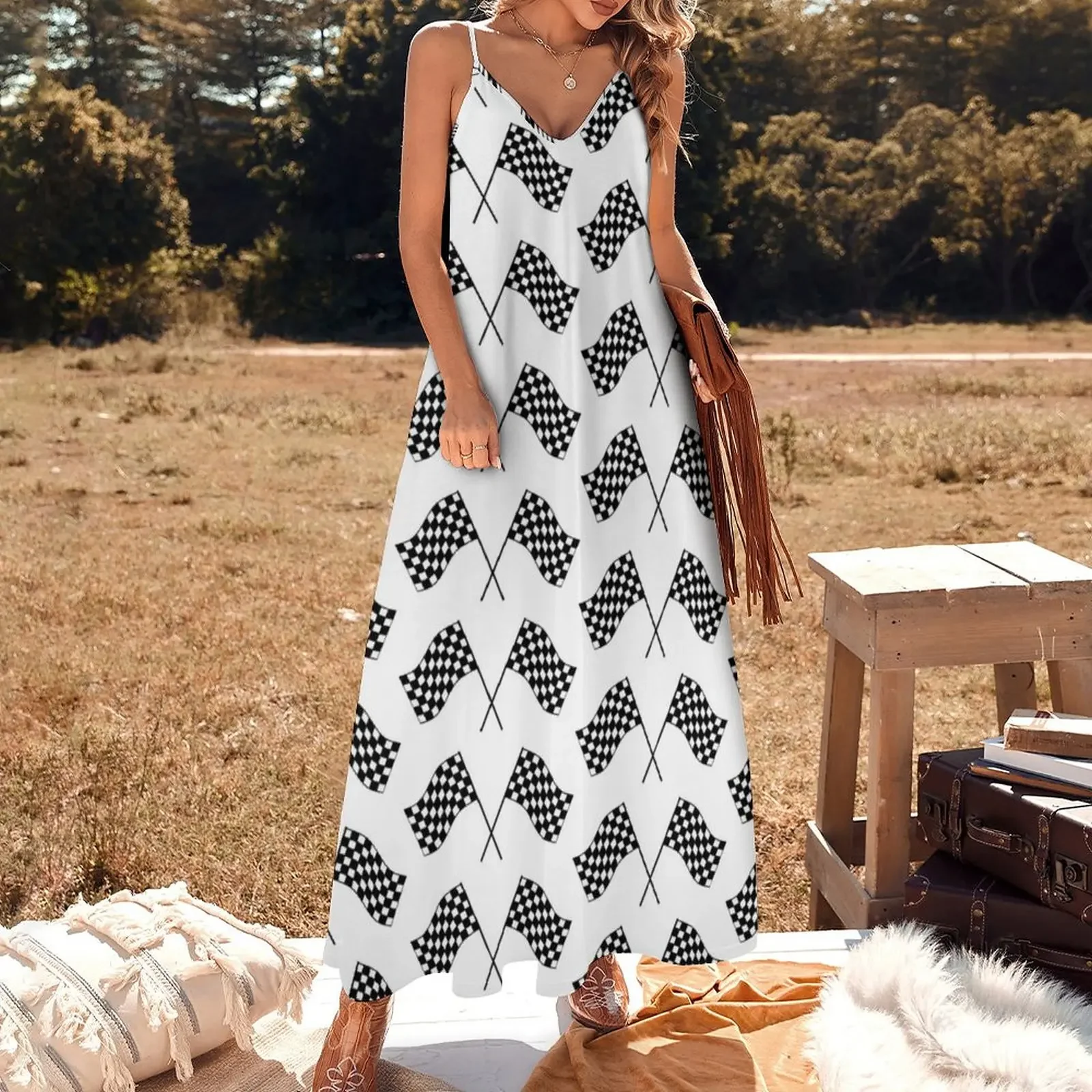 Checkered Flags Sleeveless Dress Summer skirt women clothes elegant chic women dresses promotion long sleeve dress