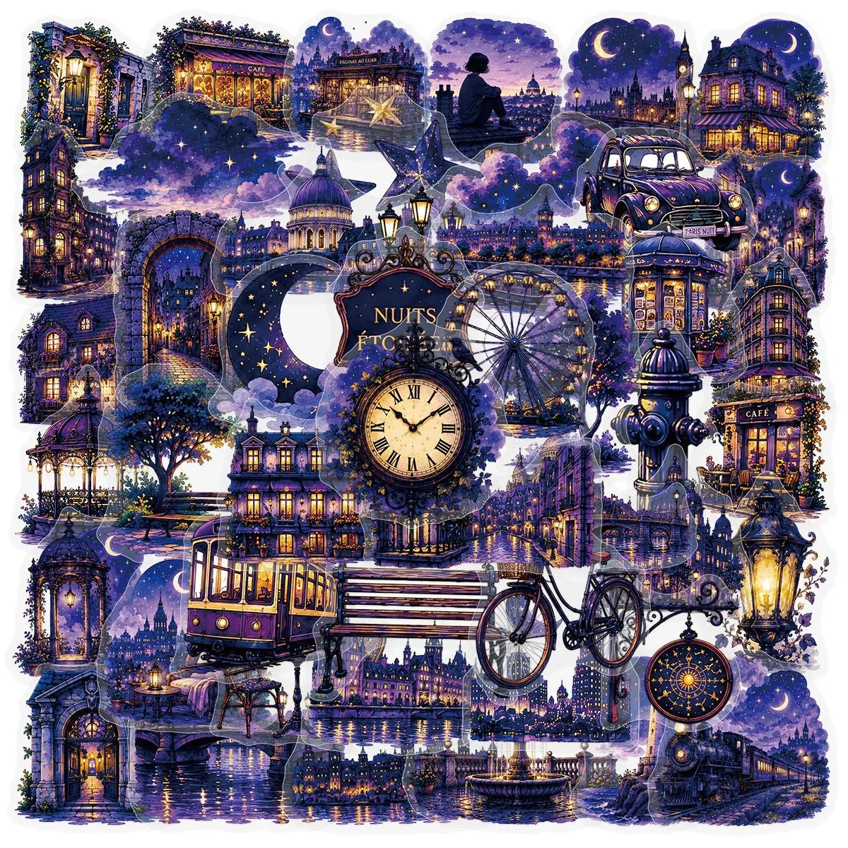 50 50 PCS Purple Night Street Architecture Dreamy Transparent Waterproof Stickers Student Hand Account Material DIY Diary Laptop - Aliexpress Deal