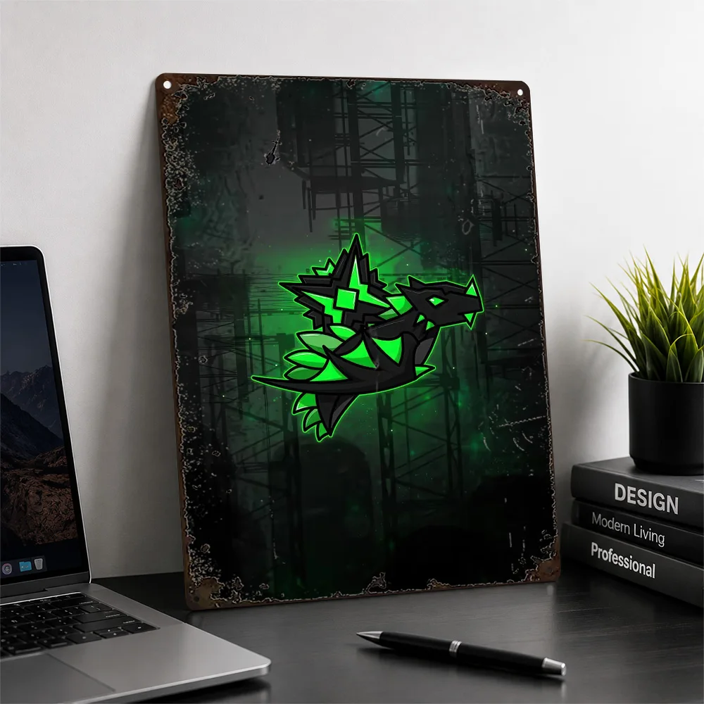 Green Angular Dragon Emblem Aluminum Poster Geometric Wall Art For Home Office Customized Metal Sign Video Game Fan Gift Idea