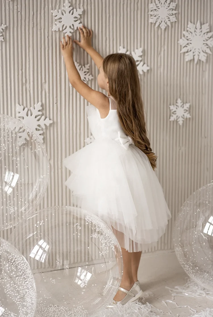 Vestido de niña de flores con cuentas, sin mangas, perlas de tul con lazo para boda, princesa, fiesta de cumpleaños para niños, vestidos de baile de primera comunión