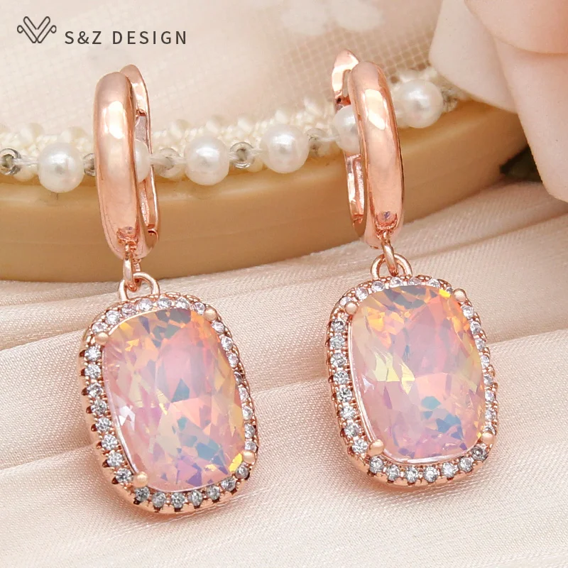 S&Z DESIGN New Fashion Elegant Rectangle Crystal Dangle Earrings For Women Wedding 585 Rose Gold Color Cubic Zirconia Jewelry