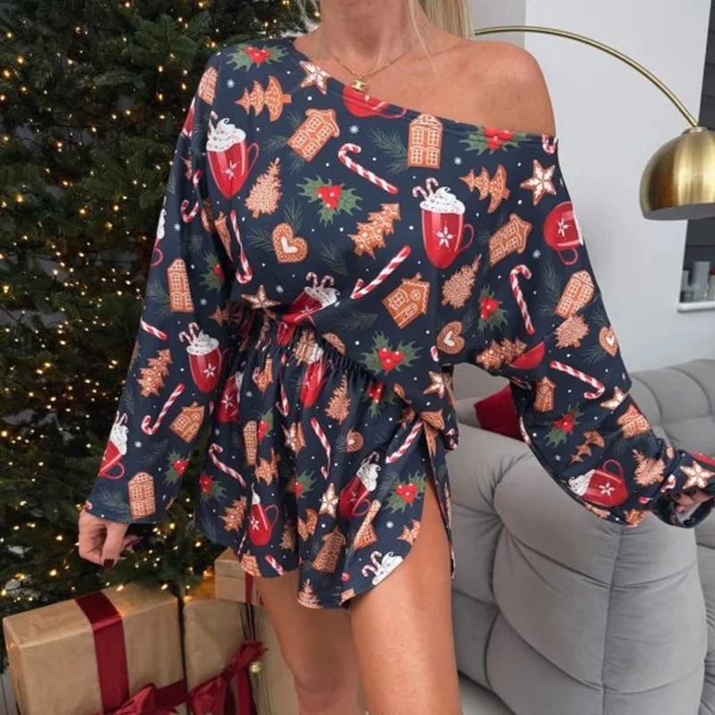 Casual Festival Party Outfit New Christmas Printed Loose Nightgown Suit Women Slanted Collar Long Sleeved Top and Shorts 2pc Set