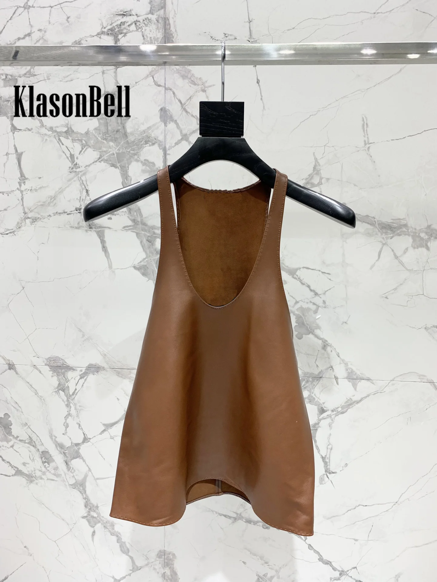 8.4 KlasonBell Women's Genuine Leather Handmade Stitched Tank Top Fashion Sexy U-Neck Spaghetti Strap Sheepskin Vest