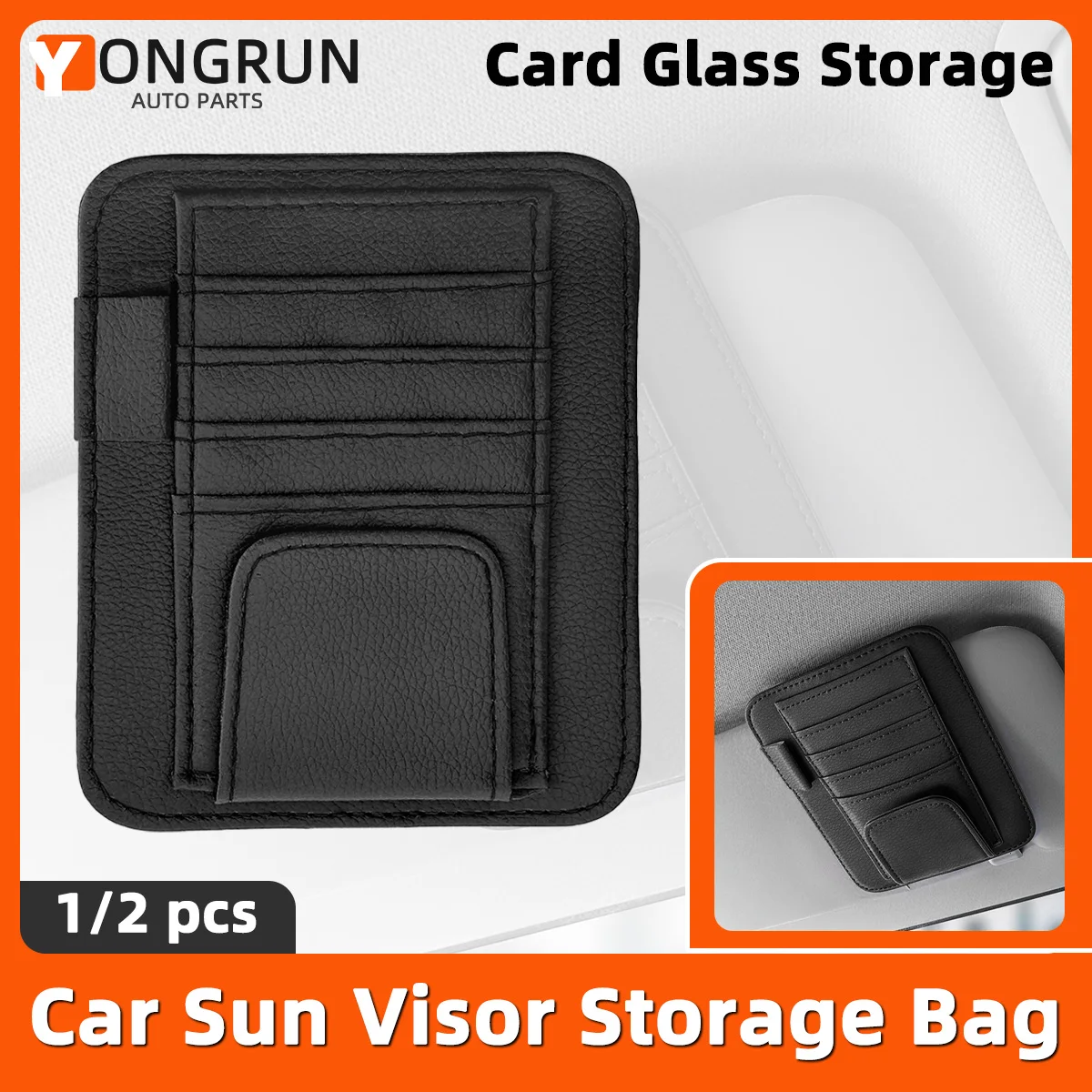 YONGRUN Car Sun Visor Leather Storage Bag With Multiple Pockets Suitable For Storing Glasses Cards Pens And Receipts 1/2PCS