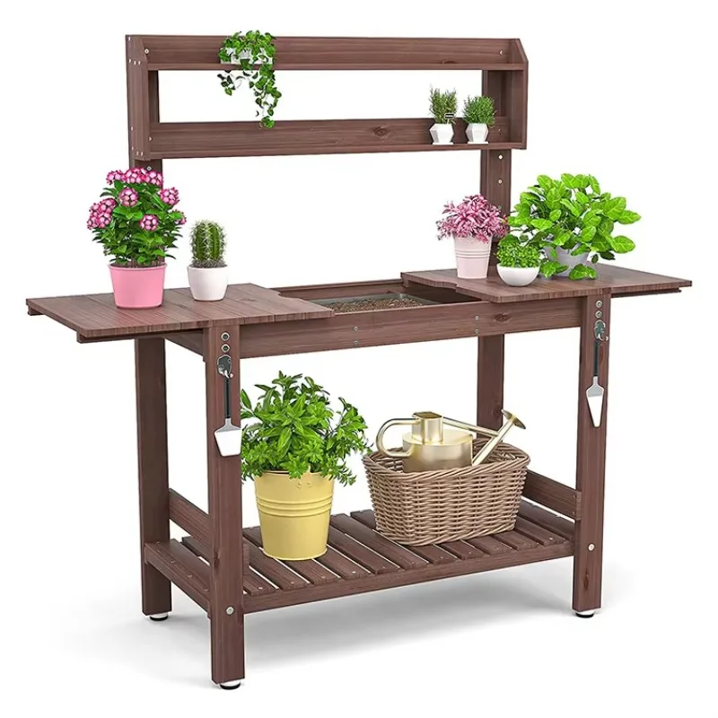 Outdoor Yellow Solid Wood Potting Bench Table Slide Tabletop Powder Coated Finish FSC Certified Eco-Friendly Garden Work Station