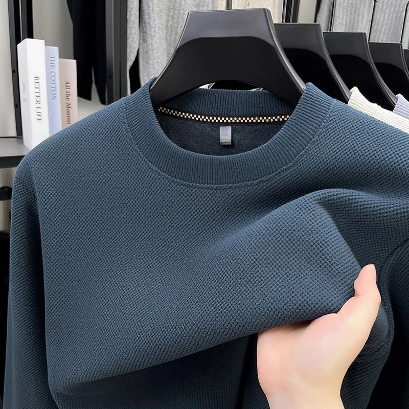 Herren-Waffelstrickpullover mit langen Ärmeln, Rundhalsausschnitt, Fleece-Innenfutter, dick, warm, lockere Passform, für den Alltag und das Büro. – Detail 13