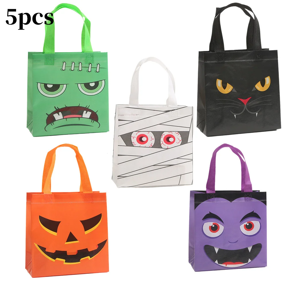 

5pcs Halloween Treats Bags Party Favors Non-Woven Halloween Tote Gift Bag Trick or Treat Reusable Candy Bags Supplies