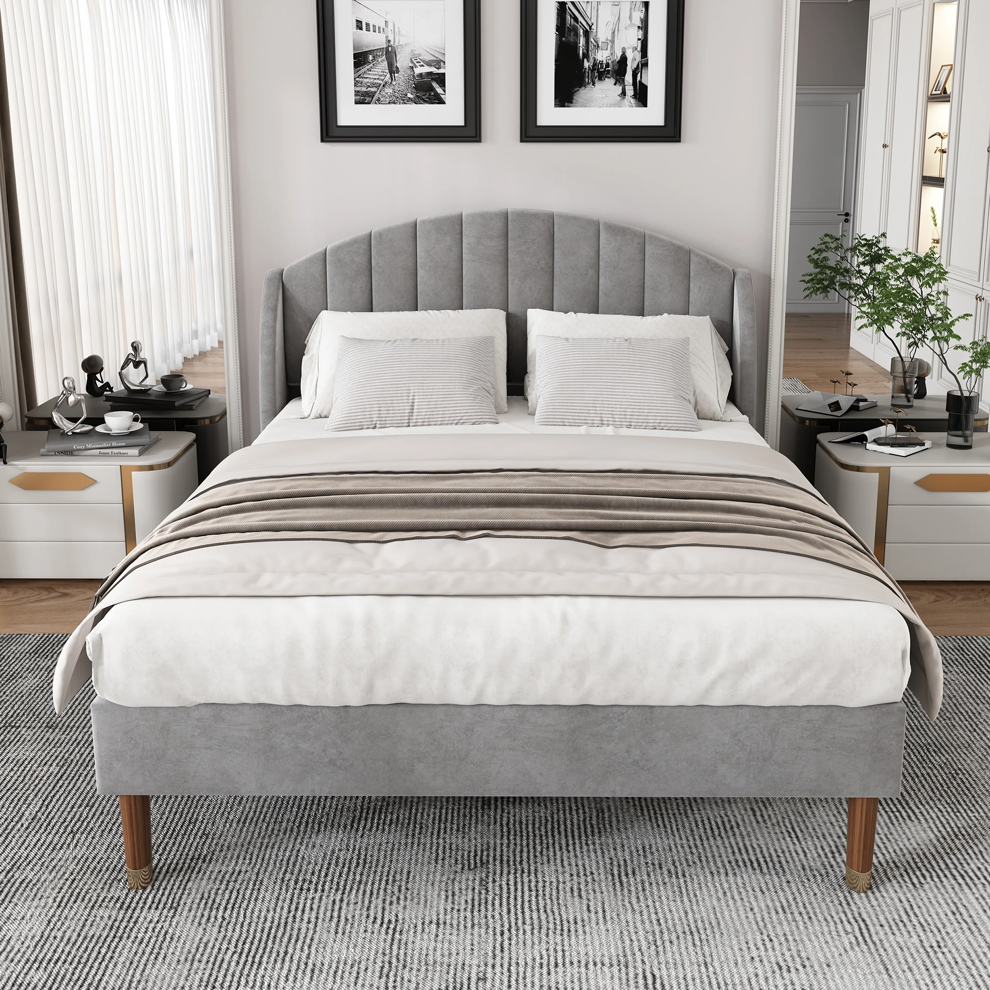 VSOGA Upholstered Bed 140*200 With Slat Frame And Headboard, Teen Bed, Suitable For Adults And Teens, Wooden Slat Support