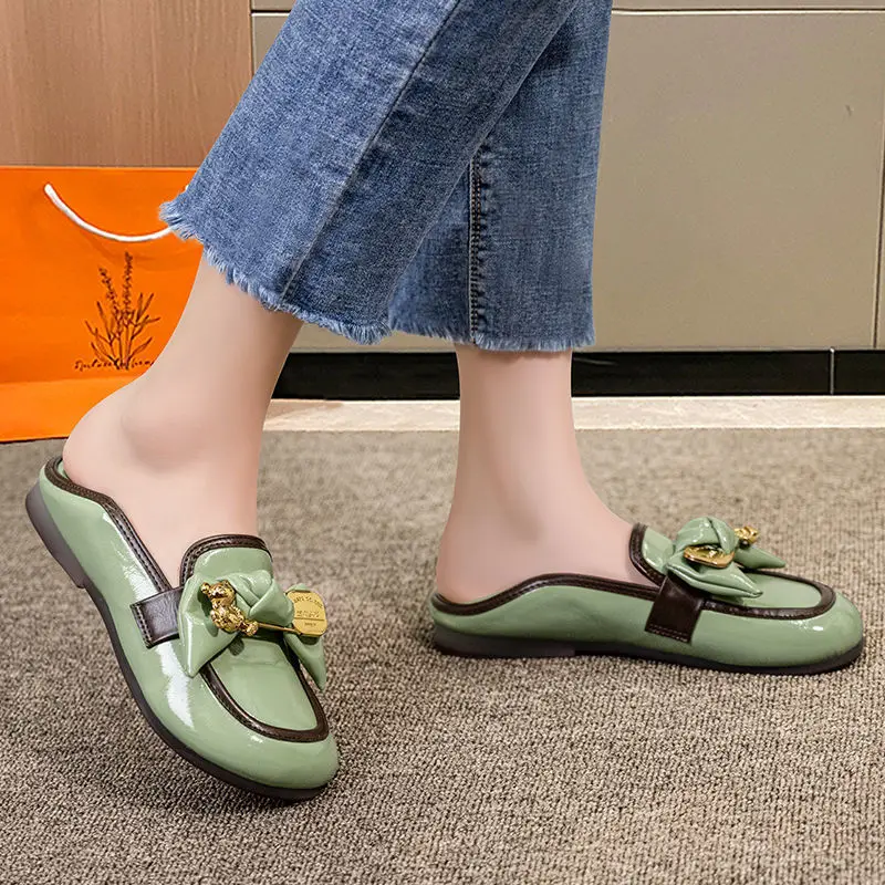 Shoes for Woman 2024 Round Toe Women\'s Summer Footwear Kawaii Moccasins Flats Cute Flat Green Stylish Chic and Elegant Shoe 39 E