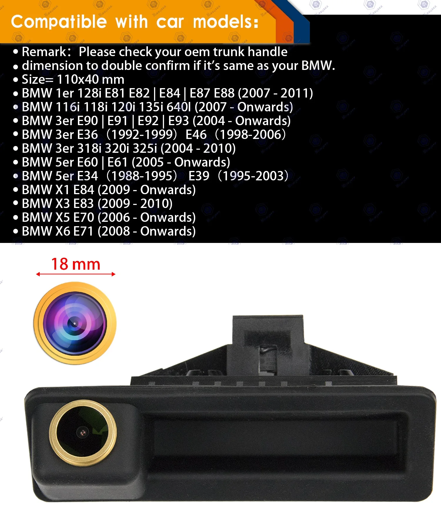 HD 1280*720P Rear View Camera for BMW 1er (E82/88) 3er (E90/91/92/93) 5er (E60/61/62/63)2003-2011,Night Vision handle Camera