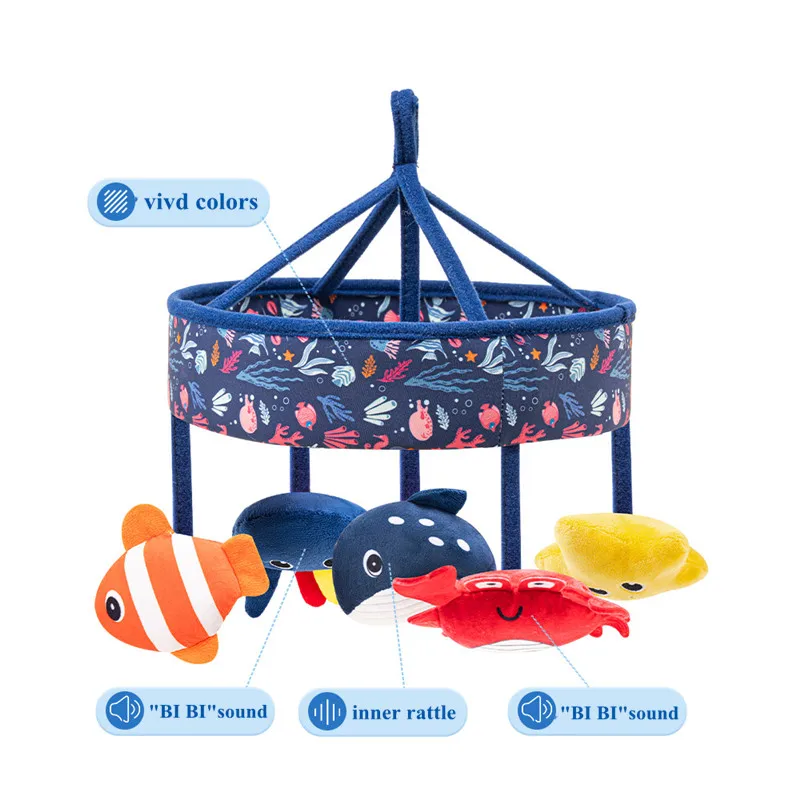 Hochet suspendu de chevet de bébé en peluche douce, jouets kawaii, poisson d'océan en peluche, berceau Musical, anneau de hochet Mobile rotatif, jouets éducatifs
