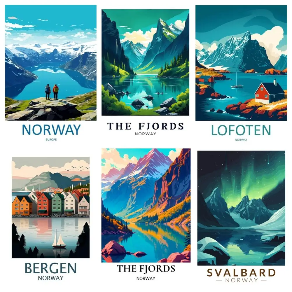 Póster de viaje de Fjords Noruega, Kit de pintura de diamante, taladro cuadrado completo, semiacabado, decoración de paisaje escandinavo Oslo Bergen Lofoten