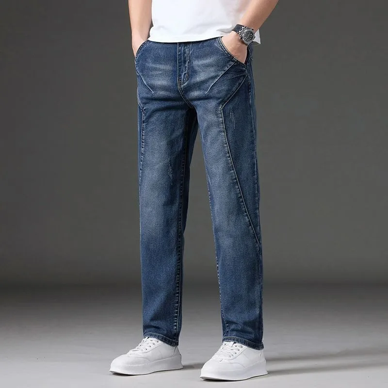 

KIDWHXR Men Straight-leg Pant Slim Patchwork Contrast Color Male Denim Pant Streetwear Washed Casual Versatile Man Trousers