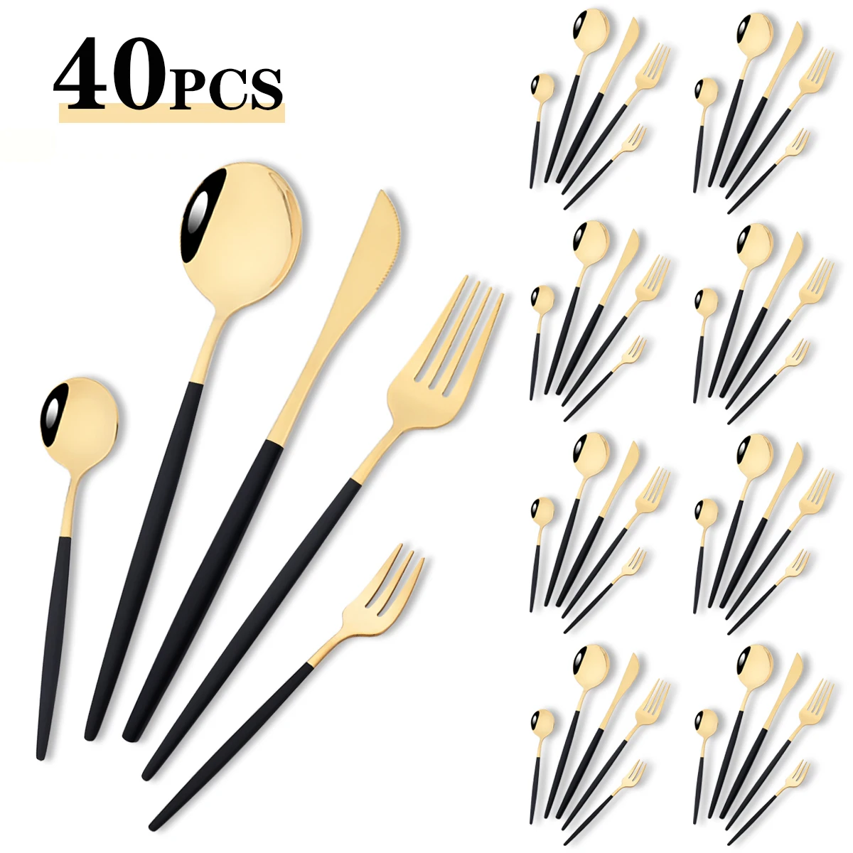 

40pcs Black Gold Stainless Steel Cutlery Set Knife Spoon Fork Dinnerware Teaspoon Cake Fork Flatware Western Kitchen Tableware