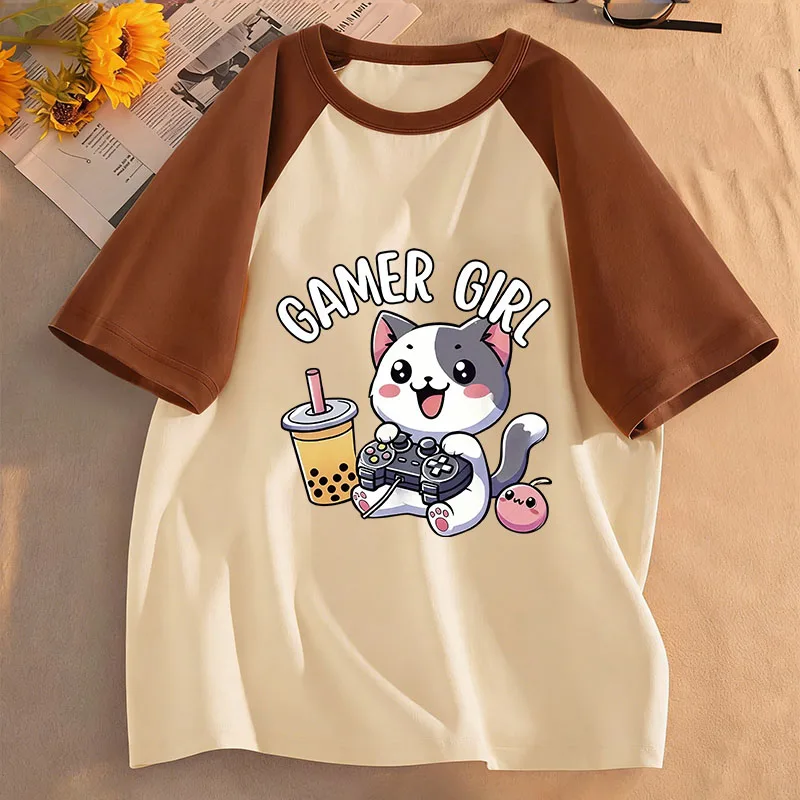 Süße Katzen-Gamer-Mädchen Grafik Kinder T-Shirts Sommer Kurzarm-Shirts Cartoon Jungen Mädchen Kleidung Kawaii Tops Y2K Kinder T-Shirt