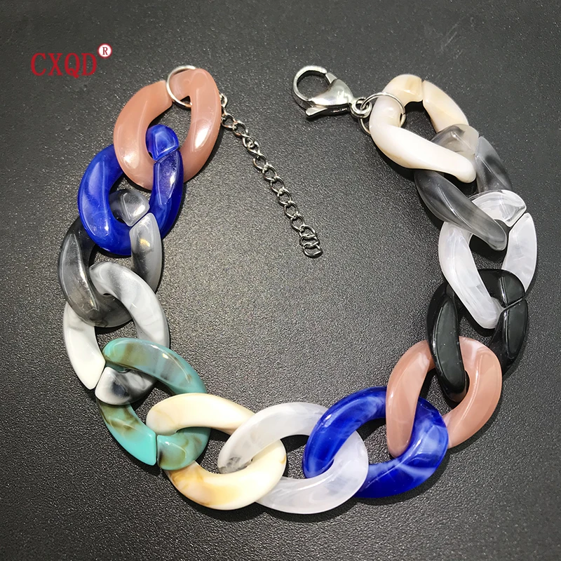 Vintage Stainless Steel Acrylic Thick Chain Bracelet Ladies Multicolor Charm Couple Wristband Jewelry Gift